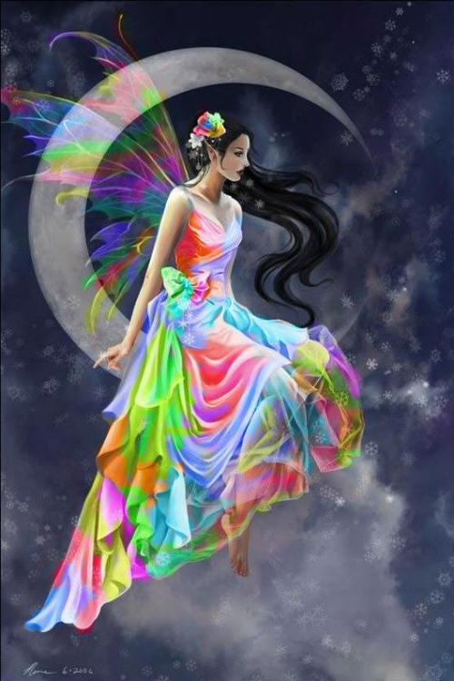 Fairy on Crescent Moon in Rainbow Dress