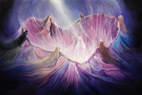 spirits holding hands in a circle with spirit in center