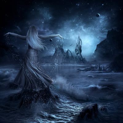 magical woman dancing on the ocean