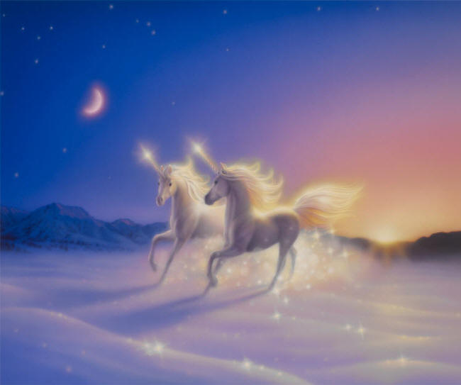 Two unicorns in the snow at night.