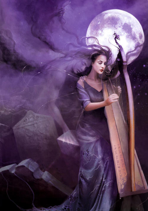 woman playing harp by moonlight with ghost of lover resting his head on her shoulder