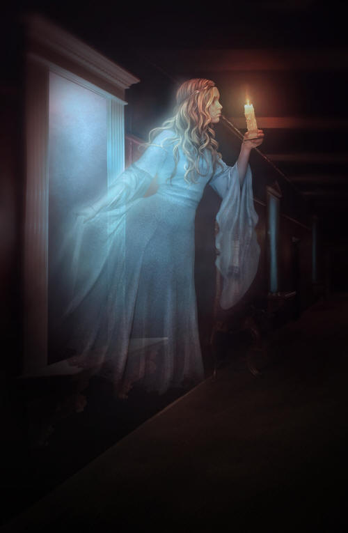Lady ghost in white floating through doorway, holding candle